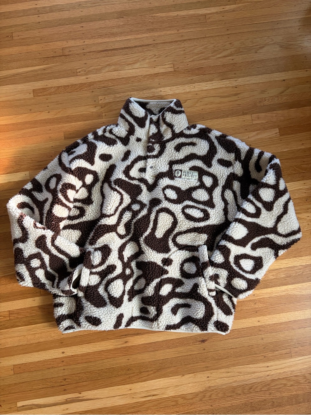 Parks Project Cream & Brown Patterned Sherpa Zip-Up Sweater